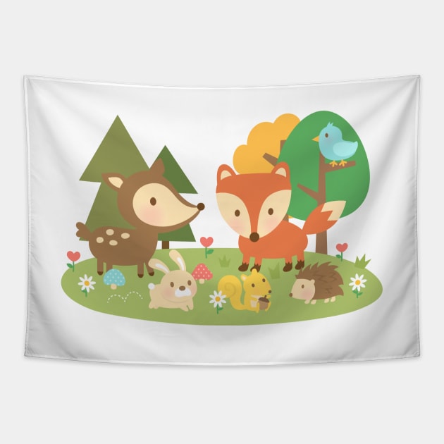 Cute Woodland Animals For Kids Tapestry by rustydoodle