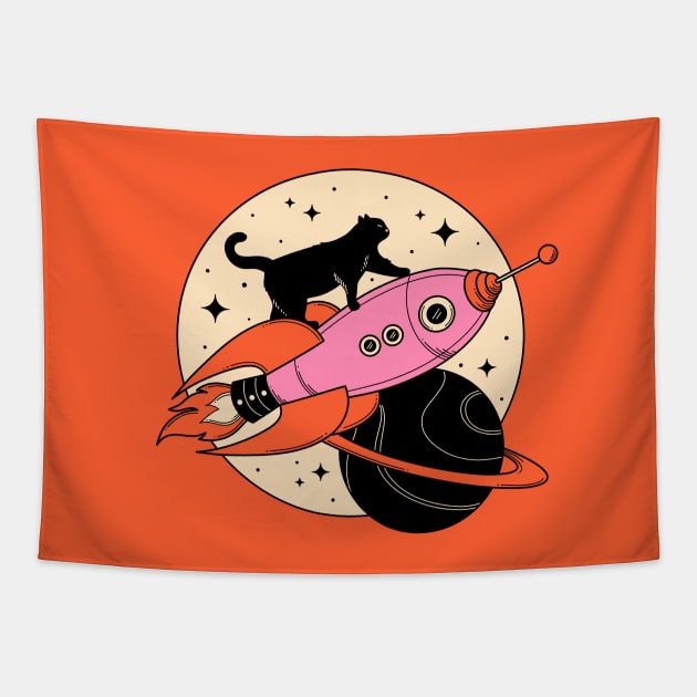 Space Walker Black Cat in orange Tapestry by The Charcoal Cat Co.