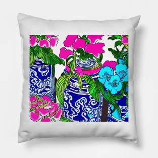 Blue and pink flowers in chinoiserie jars Pillow