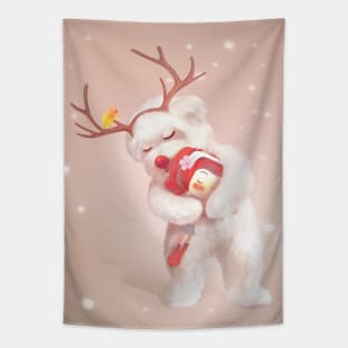 Little Girl Hugging Dog in Reindeer Antlers Tapestry