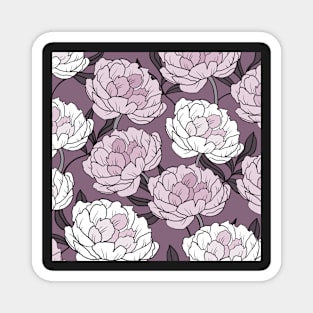 The pink and white  peonies in a lovely pattern on a violet background Magnet