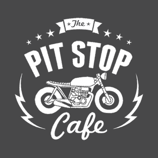 Motorcycle Series: The Pit Stop Cafe (White Text and Graphic) T-Shirt