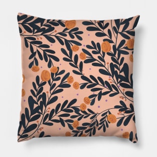 orange rose flower with blue leaves, botanical illustration pattern in orange backgdound Pillow