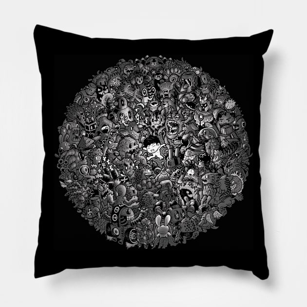 Monster Battle Royale (circle) Pillow by Lei Melendres