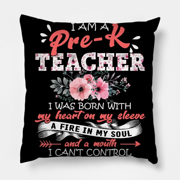 Pre-K Teacher I Was Born With My Heart on My Sleeve Floral Teaching Flowers Graphic Pillow by Kens Shop