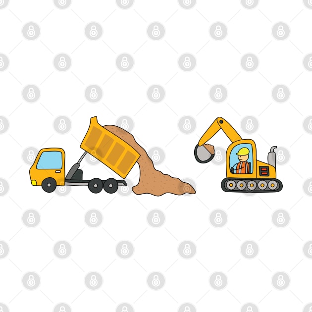 kids drawing of construction vehicles, dump truck unloading gravels and excavator dredging them by wordspotrayal