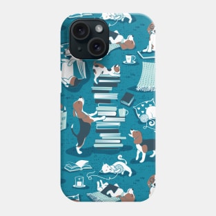 Life is better with books a hot drink and a friend // pattern // turquoise background brown white and blue beagles and cats and aqua cozy details Phone Case