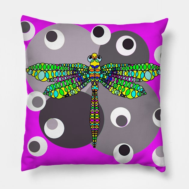 libelula full color sobre circulos grises Pillow by SikiuFactory