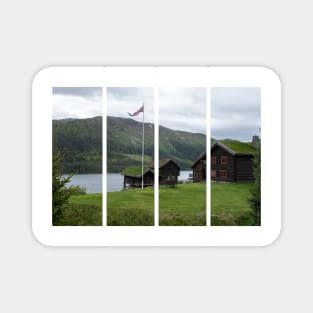 Wonderful landscapes in Norway. Vestland. Beautiful scenery of houses with grass roof. Norwegian traditional architecture Mountains, trees and snow in background. Cloudy day Magnet