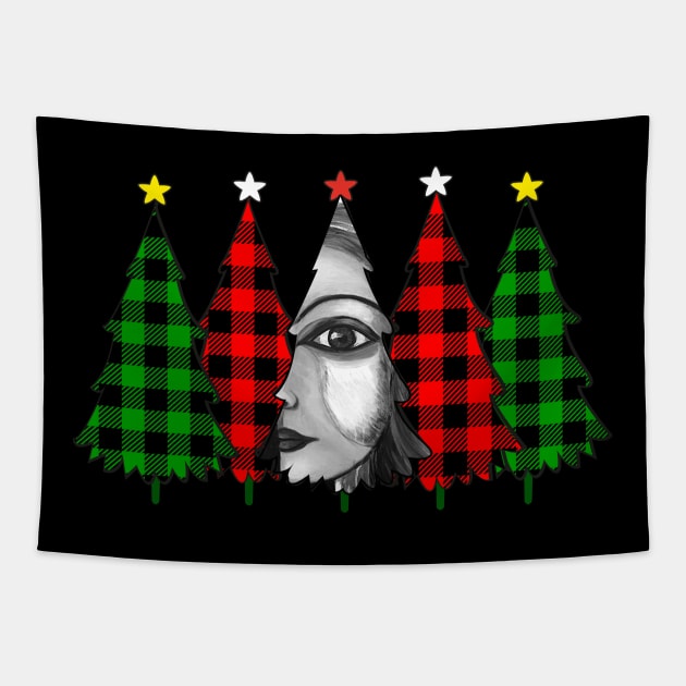 Black and white woman's portrait in christma's tree Tapestry by ESSED