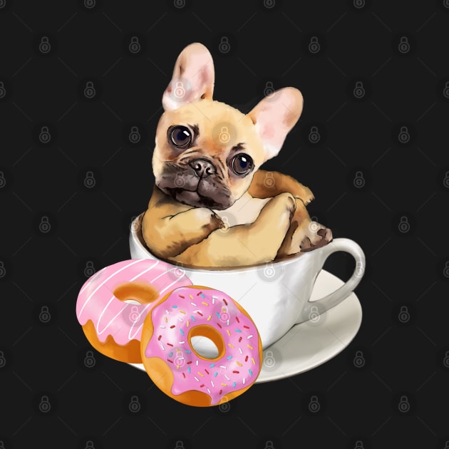 French bulldog lovers, sweet frenchie on coffee cup and Donuts by Collagedream