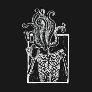 Coffee drinking skeleton with tentacle head T-Shirt