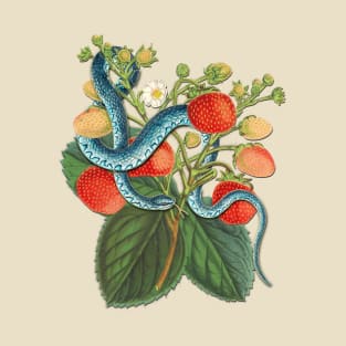 Vintage Blue Tree Snake and Strawberry Plant T-Shirt