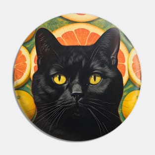 Black Cat Collage Surrounded by Citrus Fruit - Retro Vintage Unique Kitty Art Pin