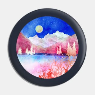 Pink Mountain Lake Negative Watercolor Painting Pin