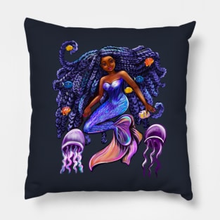 mermaid with flowing shimmering blue black braids fish and jelly fish  , brown eyes curly Afro hair and caramel brown skin Pillow