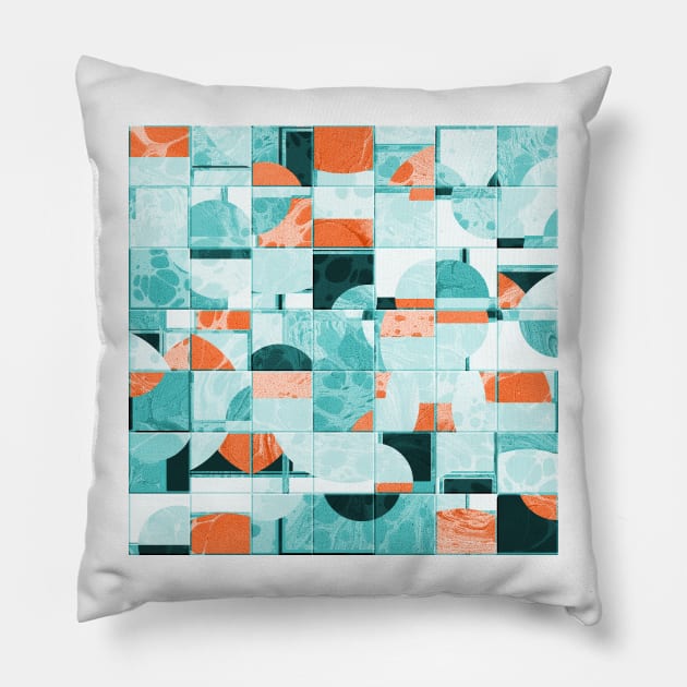 Abstract Cold Mid Century Circles Pattern Resquared in Marbled Paper Pillow by MarbleCloud