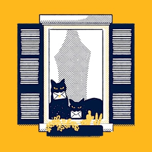 Windowsill cats - Black cat duo on a tipical italian window in a "Milano yellow" building holding le T-Shirt