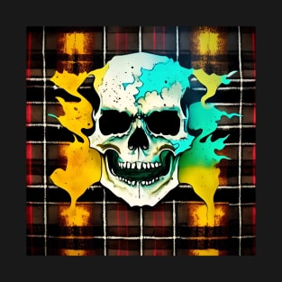Skull Flames Plaid Grunge Bleach Acid Wash Graphic Skate Punk Biker T-Shirt