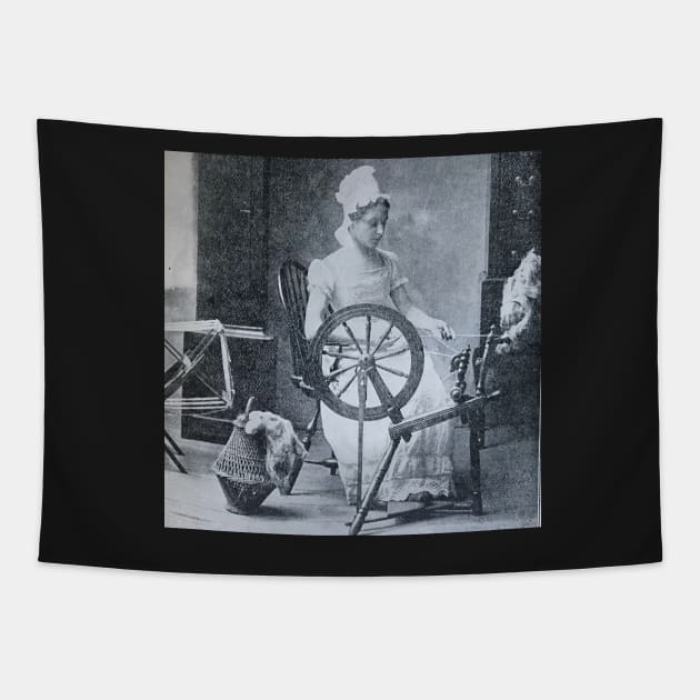 Spinning wheel, 19th century, black and white antique history Tapestry by djrunnels