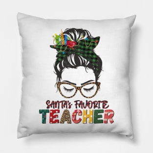 Santa's Favorite Teacher Messy Bun Buffalo Plaid Christmas Gift Pillow