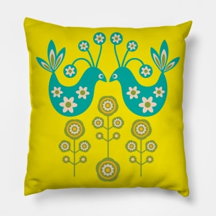 LOVE BIRDS Folk Art Mid-Century Modern Scandi Floral With Birds Flowers Feathers in Turquoise Cream Green Yellow - UnBlink Studio by Jackie Tahara Pillow