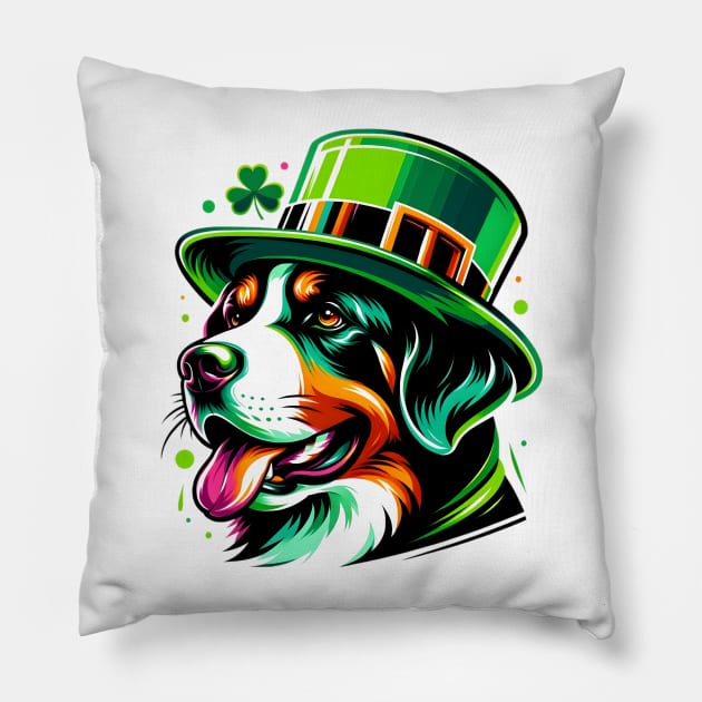 Greater Swiss Mountain Dog Celebrates Saint Patrick's Pillow by ArtRUs