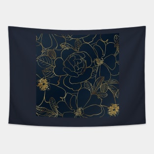 Elegant Gold Roses Floral Drawing Blue Design Tapestry