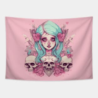 Pastel Goth Girl with skulls Tapestry