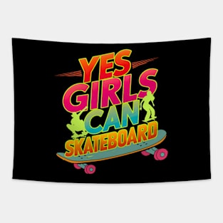 Yes Girls Can Skateboard Too-Retro Style Typography Tapestry