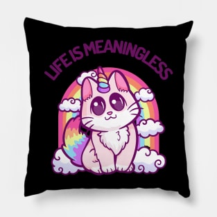 Life Is Meaningless: Whimsical Nihilism Hilarious Cat with a Rainbow Twist Pillow