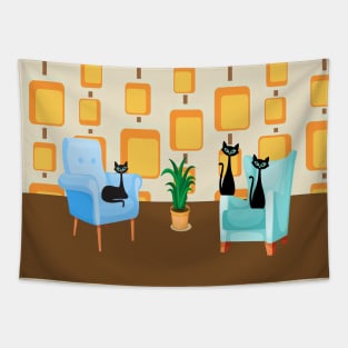 Black Cats Perched in Fifties Living Room Tapestry