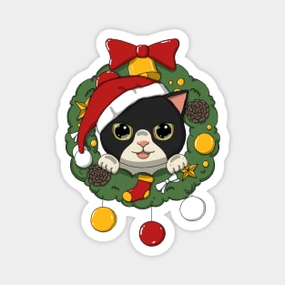 Cute Tuxedo Cat In Christmas Wreath Magnet