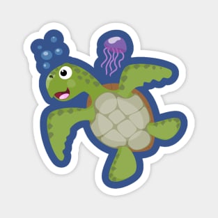 Cute green sea turtle happy cartoon illustration Magnet