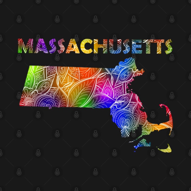 Colorful mandala art map of Massachusetts with text in multicolor pattern by Happy Citizen