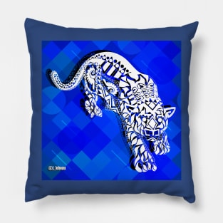 wild tiger in mandala ecopop jungle art in blue Pillow