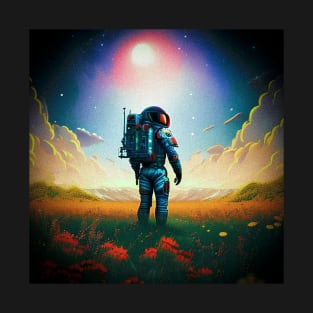 Astronaut in Flower Field Gazing at the Horizon (with grain and vignette effects) T-Shirt