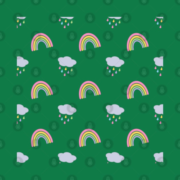 Rainbow and Rain Clouds Pattern in Green by Kelly Gigi