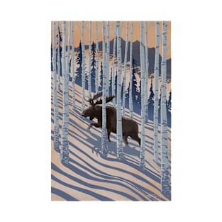 Scenic Winter Mountain Birch Forest and Moose T-Shirt