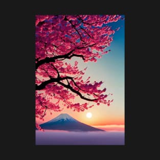 Mount Fuji with a sakura tree at sunset T-Shirt