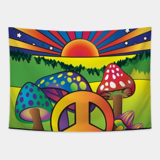 Psychedelic Mushrooms with Peace Sign Tapestry