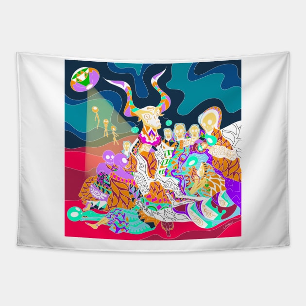 the goat coven in alien paradise of goya art Tapestry by jorge_lebeau