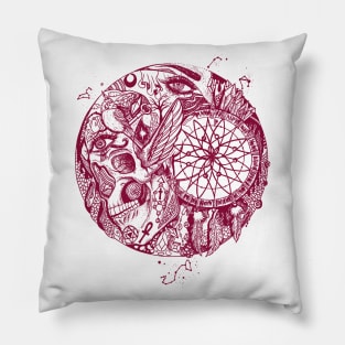 Burgundy Skull and Dreamcatcher Circle Pillow