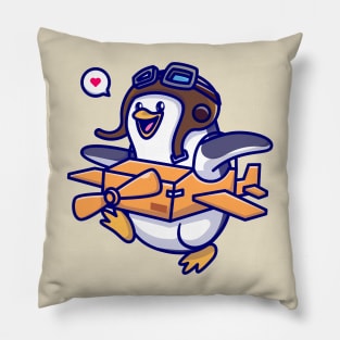 Cute Penguin Playing With Cardboard Plane Cartoon Pillow