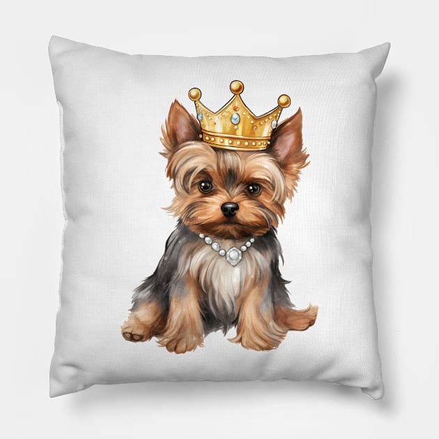 Watercolor Yorkshire Terrier Dog Wearing a Crown Pillow by Chromatic Fusion Studio
