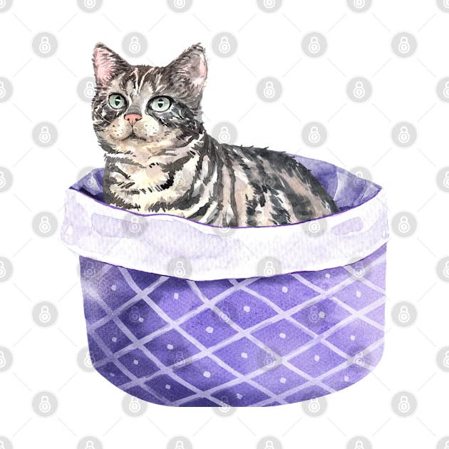 Funny Watercolor American Shorthair Cat Sitting in His Bed by labatchino