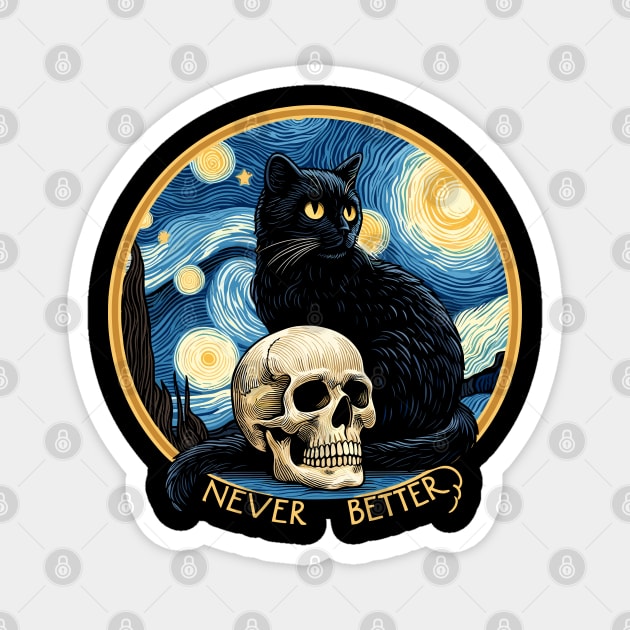 Never Better - Starry night Cat and skull Magnet by PrintSoulDesigns