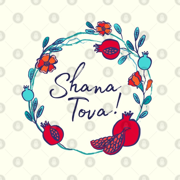 Shana Tova, pomegranate wreath on ivory by Slanapotam