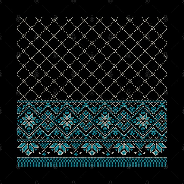 Palestinian Arabic Kufiya Keffiyeh or also called Hatta Traditional Pattern with Tatreez Embroidery Art Design Blue Cream on Navy by QualiTshirt