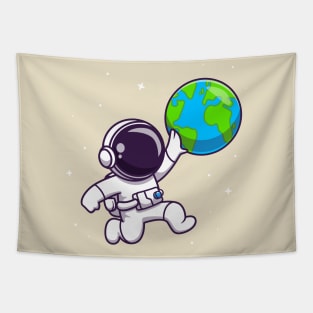 Cute Astronaut Playing Earth Ball Cartoon Tapestry